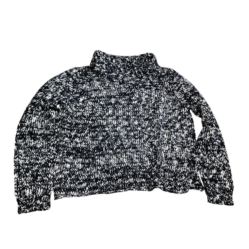 Eileen Fisher Black White Cropped Turtle Neck Organic Cotton Sweater Size Large